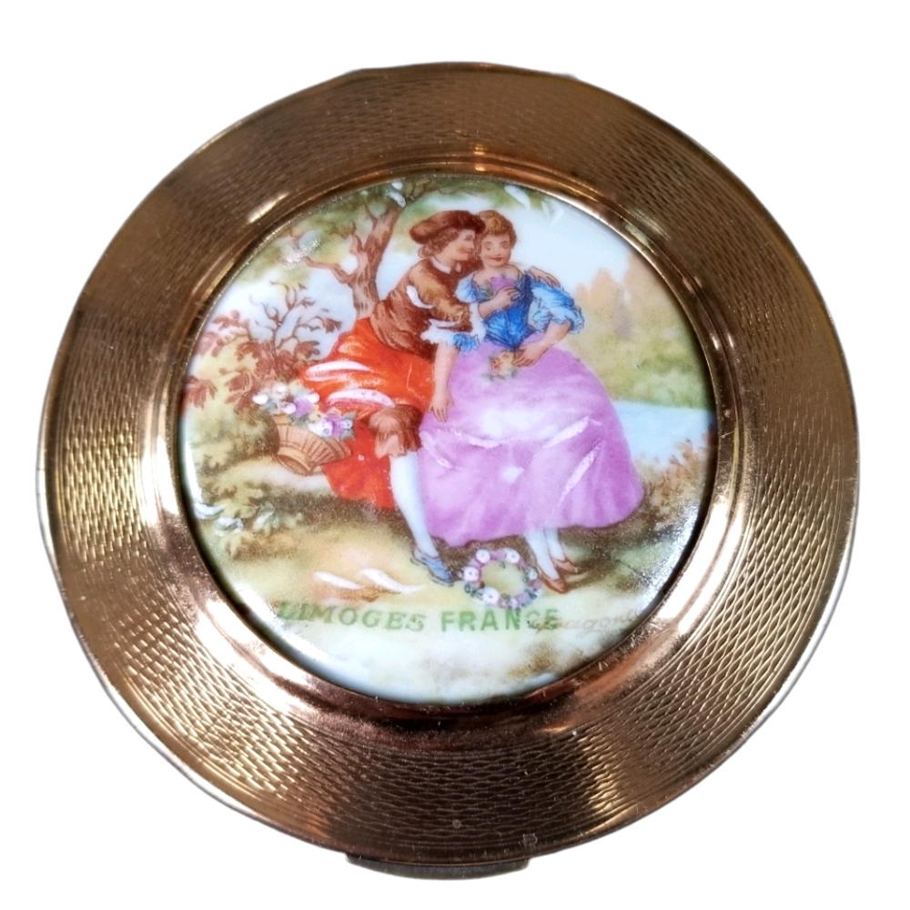 Vintage Signed Limoges France Porcelain Large Mirrored Compact with Mirror